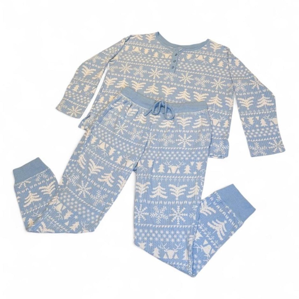 Joyspun Blue Fair Isle Waffle Knit Pajama Set Henley Top Joggers Medium